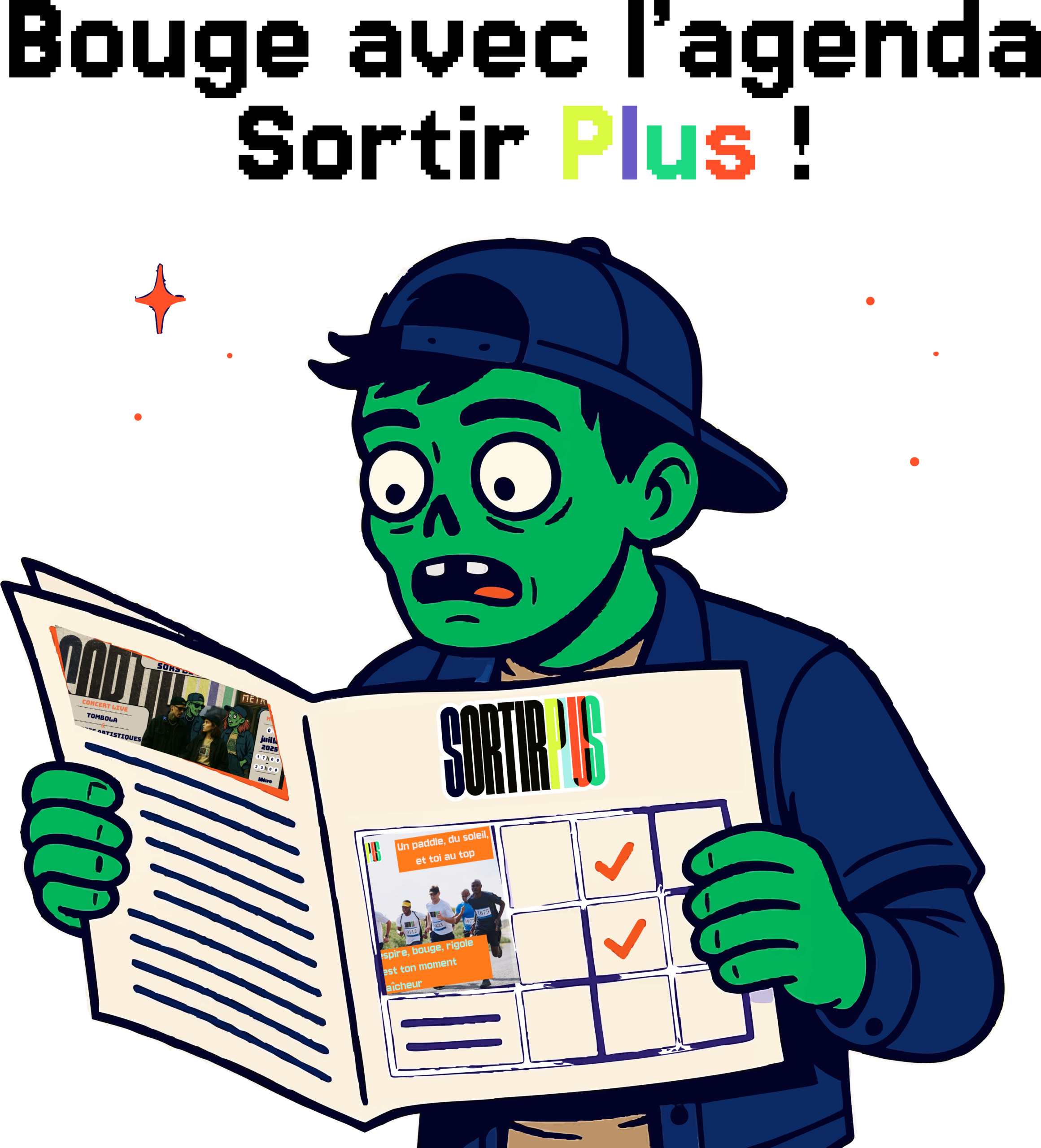 Jeune zombie tenant un journal annonçant la date de sortie d’un événement ou d’un produit.